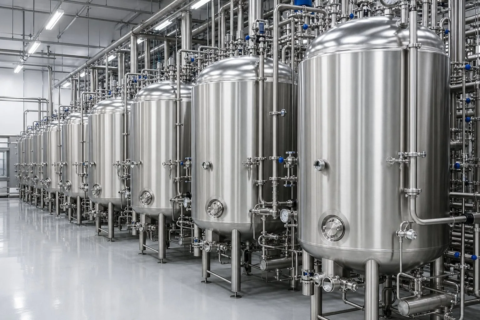 Stainless steel yeast fermentation tanks at a PANGOO production site