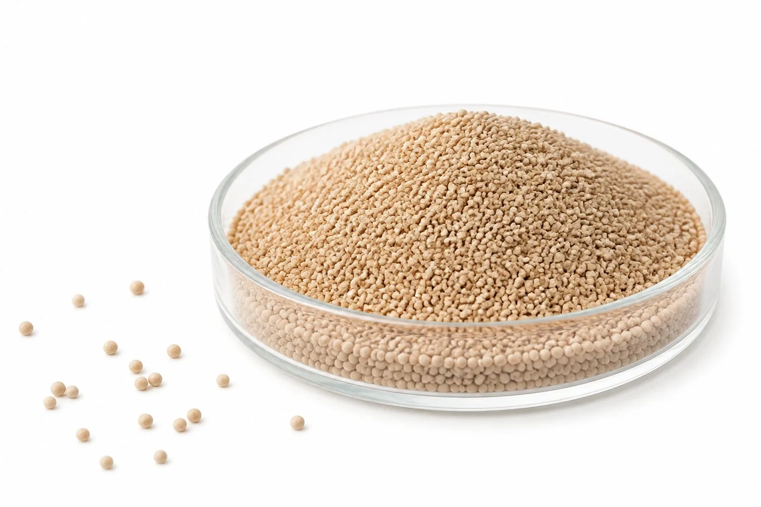 Yeast granules in a glass dish